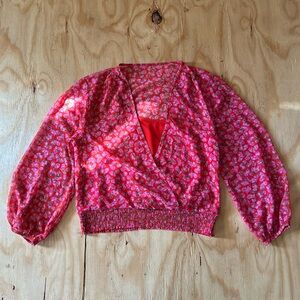 Romantic Pink and Red Floral Heart Wrap Blouse with Smocked Waist